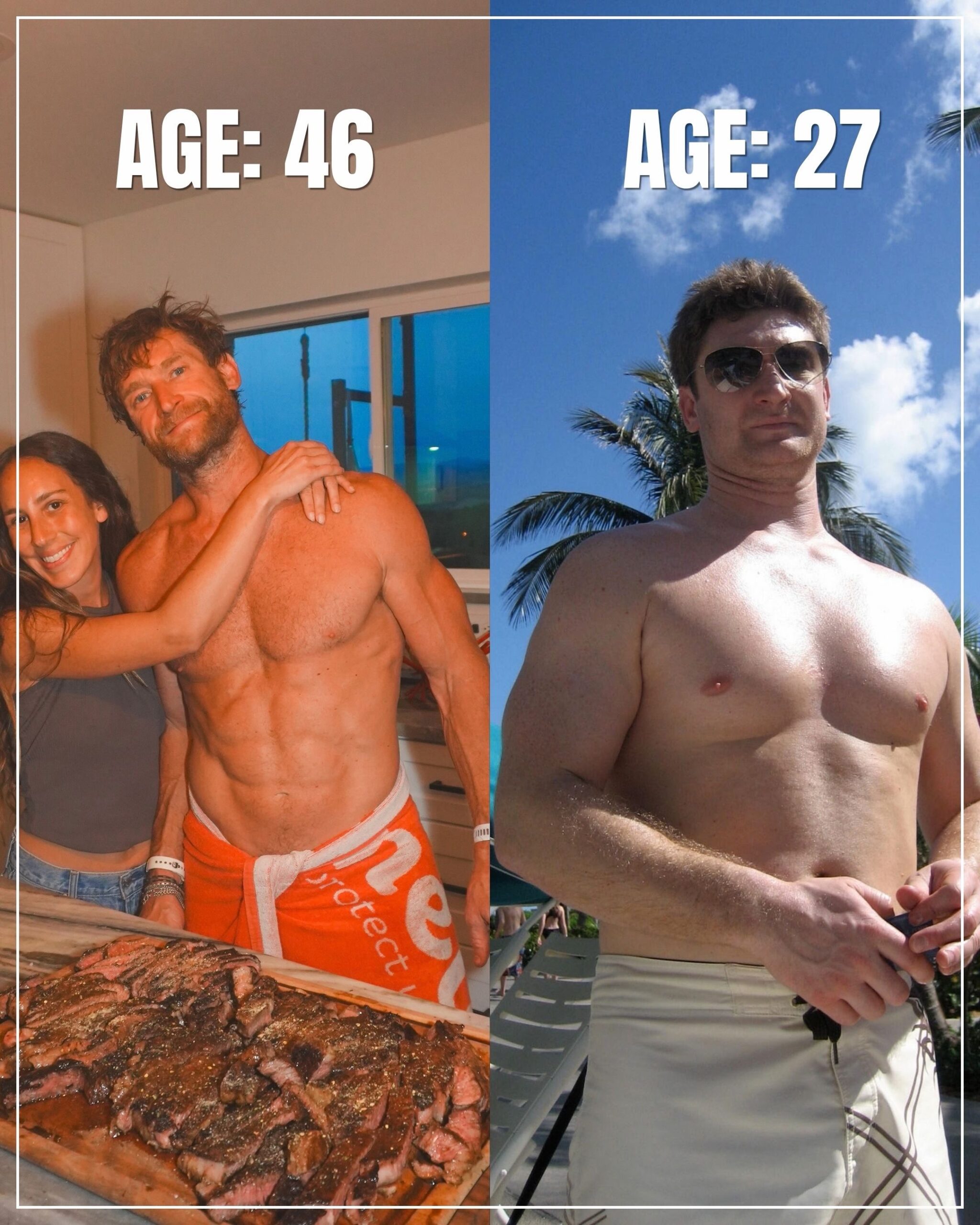 Before and after transformation of Eric Hinman, overweight in his late 20s versus fit at age 46